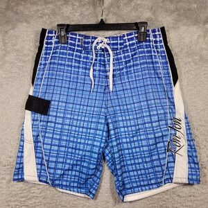 Ron Jon Surf Shop Board Shorts Mens 31 32x9 Blue Plaid Colorblock Swim Trunks *
